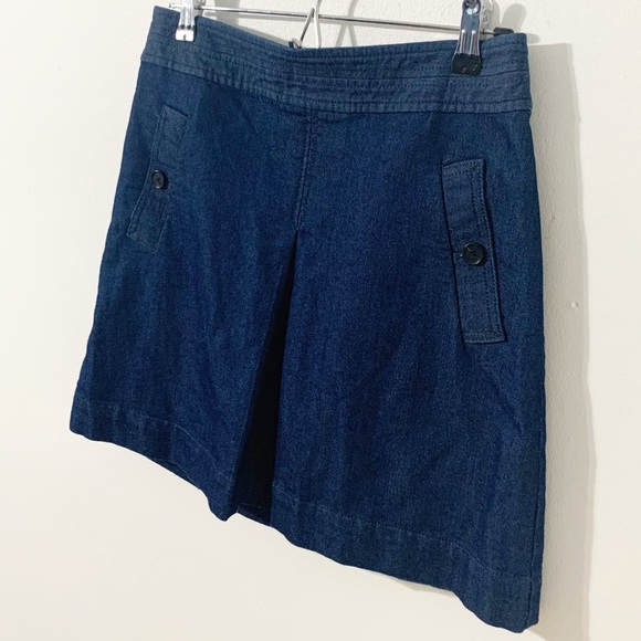 Ann Taylor LOFT Jersey Knit Denim Mini Skirt Career Wear Side Pocket Front Pleat - Picture 2 of 7